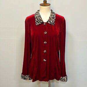 Vintage Erica red velour top with fuzzy leopard print accents women’s sz XL